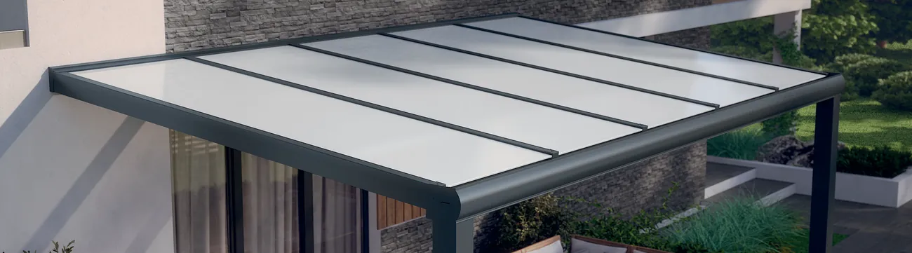Terrassendach mit Eindeckung VSG Milchglas (opal)