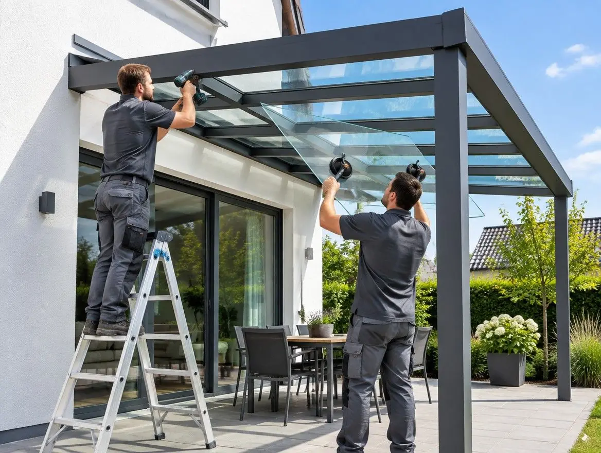Monteur von MF Metall bei der Montage einer Terrassenüberdachung